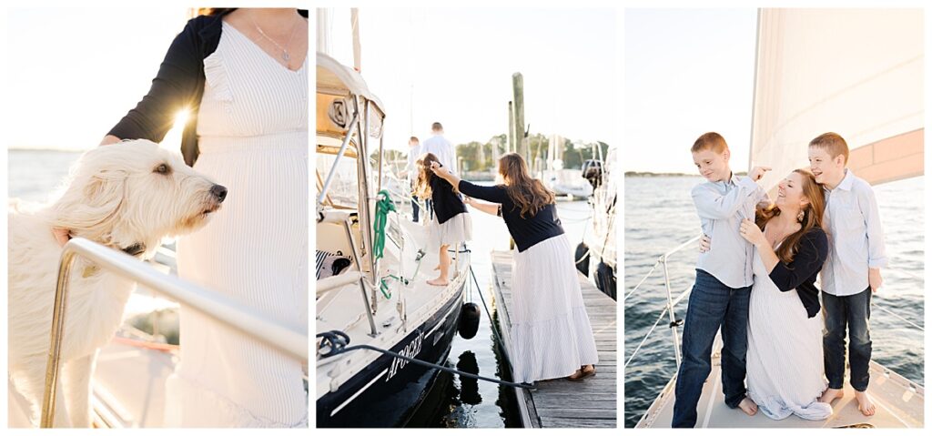 detail shots of dog on family sail boat on one of the best summer portrait locations in virginia beach virginia while mom snuggles her sons and helps daughter aboard the sailboat.