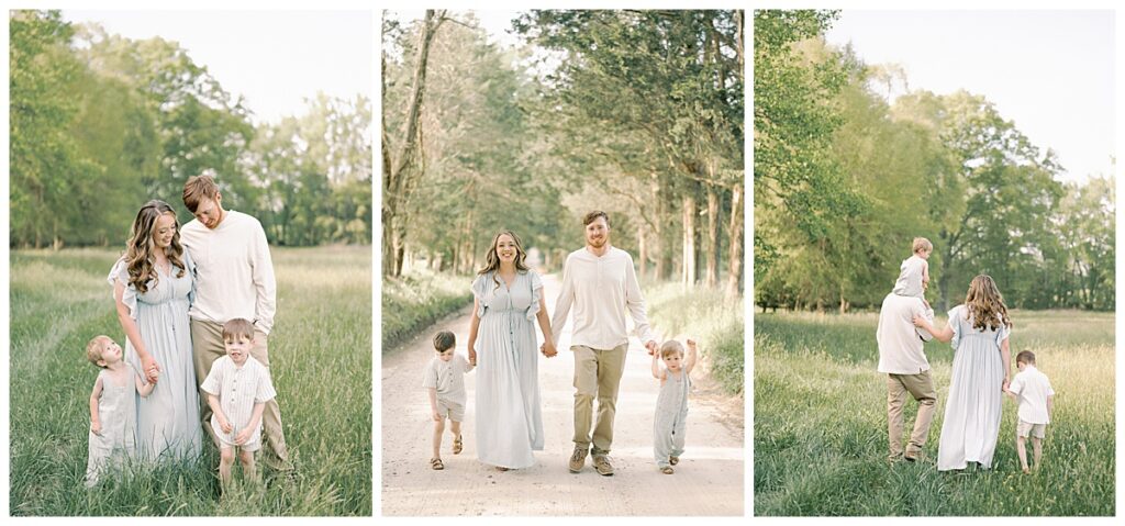 Family portrait session at one of the best summer portrait locations in Richmond, Virginia - featuring a family of four in soft, coordinated neutral outfits enjoying a golden hour photoshoot across three dreamy scenes: standing in tall grass, walking down a tree-lined path, and playing together in a sun-drenched meadow.