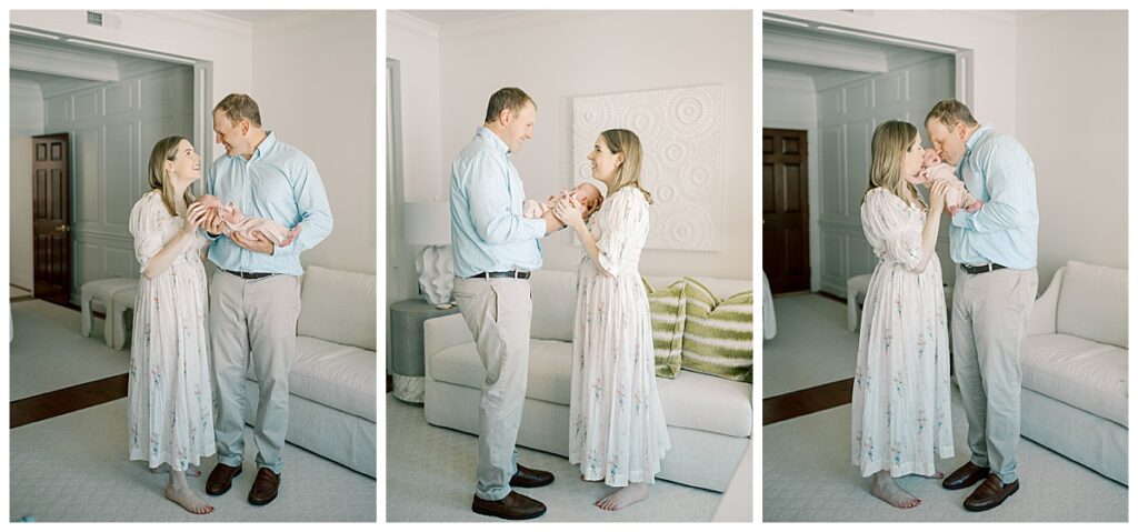 Natural and joyful family moments during a newborn session with a Richmond photographer, featuring tender parent-baby interactions in a bright, serene living room.