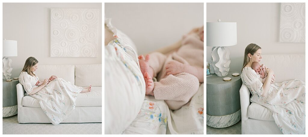 Mother holding newborn baby during intimate newborn session with Richmond photographer in soft neutral nursery