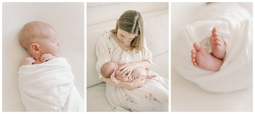 Swaddled newborn baby sleeping peacefully during professional newborn session with Richmond photographer