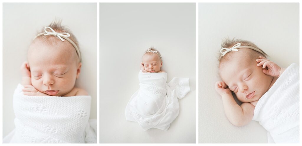 Close-up of baby wrapped in neutral swaddle with soft natural light – best time to book a newborn photographer in Mechanicsville Virginia