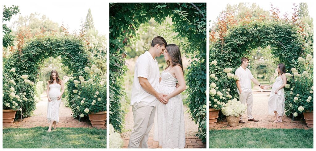 Mom and dad loving on one another and holding baby bump in hydrangea filled garden during Virginia Maternity Outdoor Session